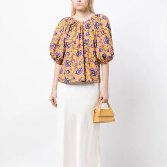 NWOT Rhode Rowan Top Blouse Gold Lotus Print Puff Sleeve 100% Cotton Size XS - Picture 2 of 8